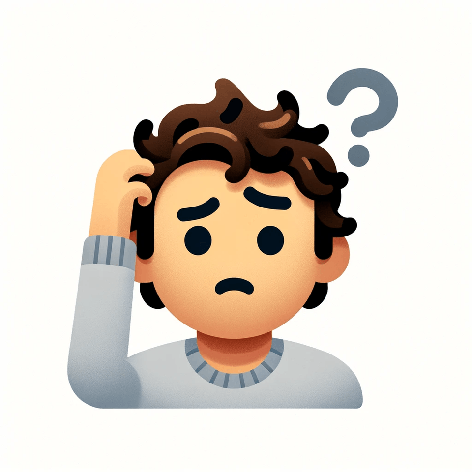 DALL·E 2023-12-13 14.29.20 - A simple, flat, clipart-style emoji of a confused office worker. The character is a Caucasian male with curly brown hair, wearing a light gray sweater